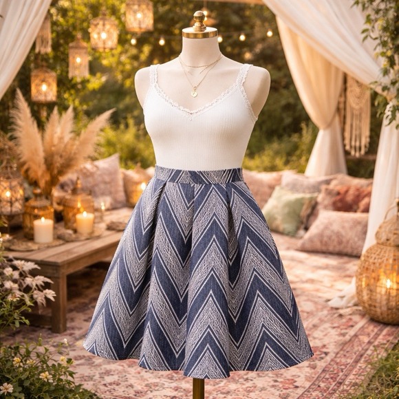 Joe B Dresses & Skirts - JOE B Chevron A-Line Skirt Women Small Blue White Geometric Y2K Cottagecore Boho